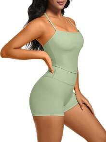 1 Pack Summer Women's Open Back Tracksuit Set Camisole Top High Waist Yoga Shorts Quick Dry Set Is Suitable For Holidays, Travel Work, Sports Wear - 綠色 - 查看 6