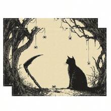 Juego de 1/2/4/6 individuales, estilo de gato negro de Halloween, con patrón de murciélago, tamaño 30x45 centímetros. Los individuales de poliéster de Halloween son adecuados para cocinas/manteles resistentes al calor del hogar, fáciles de limpiar y son accesorios ideales para mesas de cocina del hogar. Son adecuados para reuniones familiares y ocasiones interiores y son la mejor opción para la decoración de Halloween.