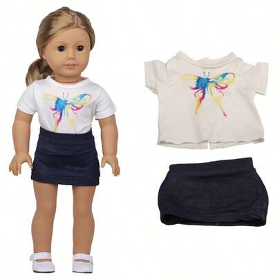 1pc 18-Inch Reborn Baby Doll Clothes, White T-Shirt With Butterfly Pattern, Blue Denim Mini Skirt, Fashionable Summer Doll Outfit, Role Play Toy For Girls And Students, Children's Toy Doll Accessory, Holiday Gift, Birthday Party