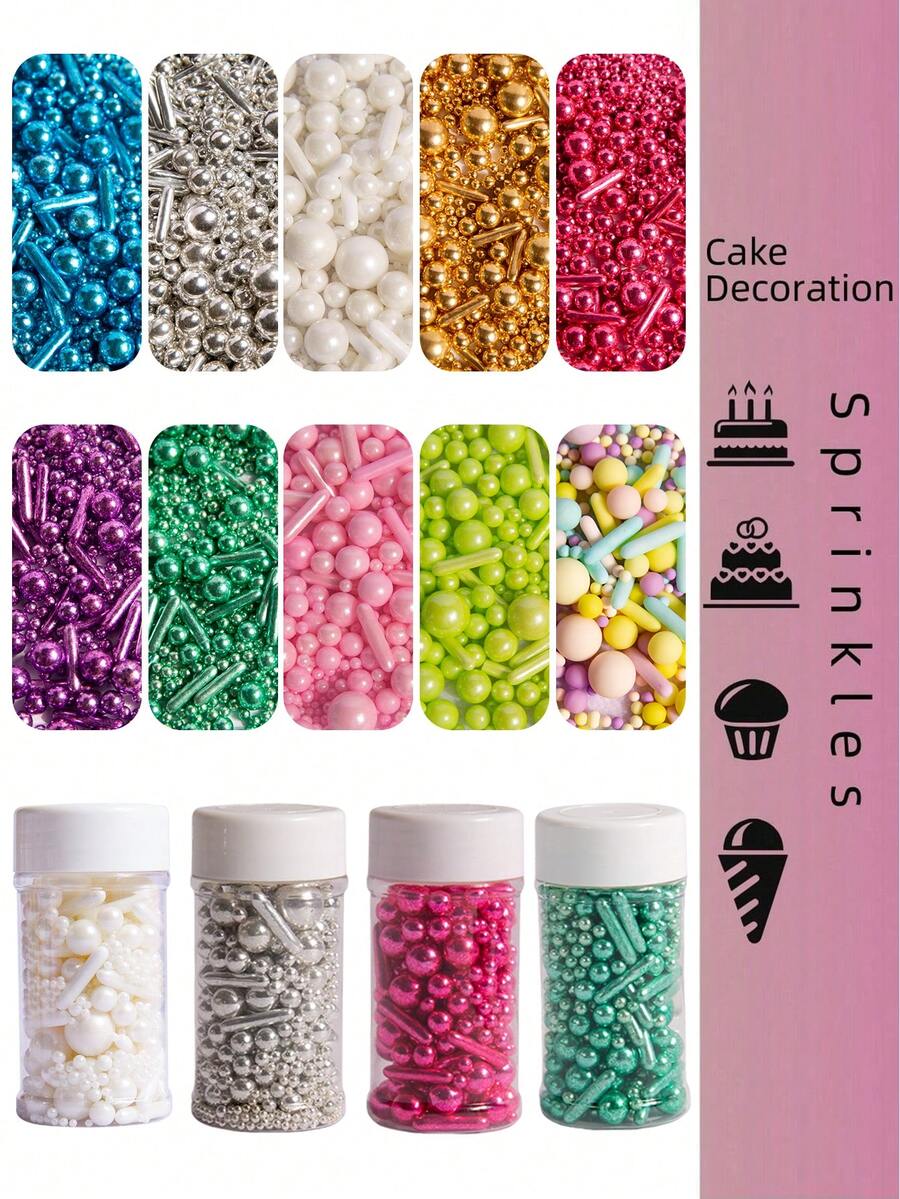Glitter Shinning Decoration Sprinkle Pearl Mix For Cakes, Ice Cream Sundaes, Chocolate Truffles, Macarons, Cupcakes, Cookies, Waffles, Donuts, Lollipops, Fondant, Dessert Tables | DIY Birthday/Wedding/Graduation/Retirement/Christmas/Valentine's Day Party Supplies | Non-Melting Sparkle Toppings For Bakeries, Home Baking,Not Edible For Decoration - Multicolor - View 1
