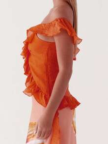 Women Off Shoulder Tops Ruffle Trim Solid Color Backless Showing Navel Shirts Summer Streetwear - 橘色 - 查看 6