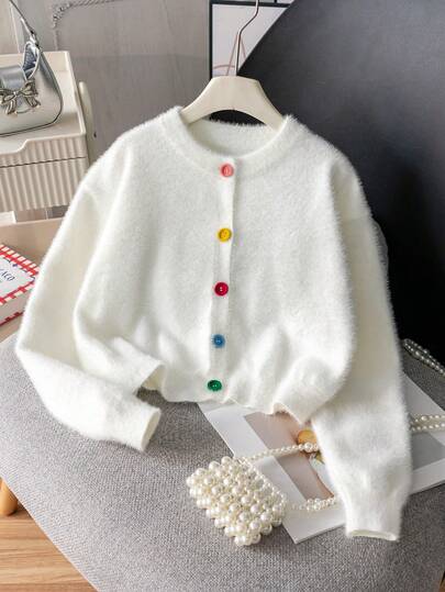 Girls' Casual Solid Color Button-Up Short Faux Fur Knit Cardigan, Suitable For Daily, Vacation, Spring, Autumn, Winter