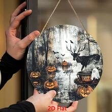 2D Flat - 2D Flat, 2D Flat Print, Not 3D, 2D Flat Horror Pendant, Halloween Wooden Wall Decor 8.0 Inch Round, Displays Deer, Bats And Jack O' Lantern Design, Suitable For Living Room, Bedroom And Outdoor Use Perfect Horror Gift And Halloween Decorations - Multicolor - View 1