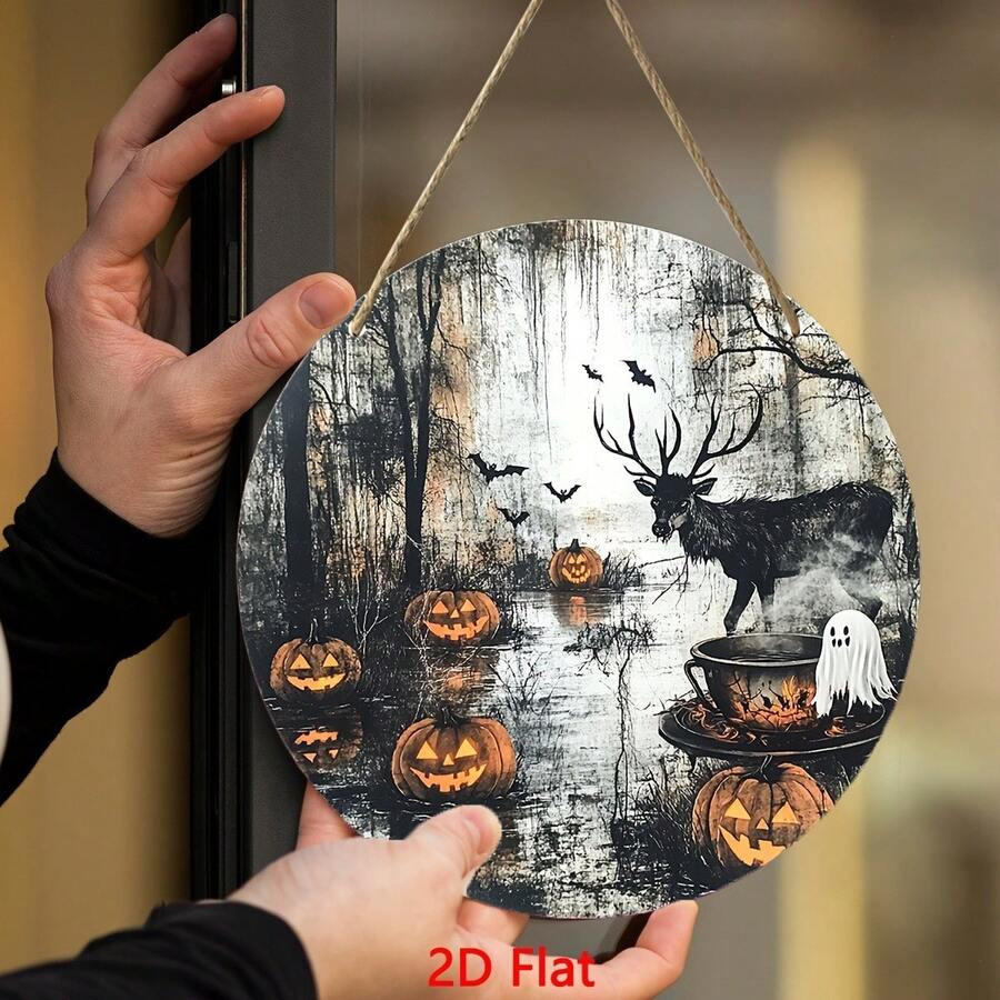 2D Flat - 2D Flat, 2D Flat Print, Not 3D, 2D Flat Horror Pendant, Halloween Wooden Wall Decor 8.0 Inch Round, Displays Deer, Bats And Jack O' Lantern Design, Suitable For Living Room, Bedroom And Outdoor Use Perfect Horror Gift And Halloween Decorations - Multicolor - View 1