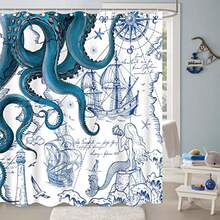 Blue Nautical Octopus Shower Curtain Navy Mermaid Funny Ocean Kraken Shower Curt - 1 - View 3