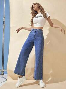 Pantalones vaqueros de mujer de cintura alta, pata ancha y longitud hasta el tobillo, de unicolor con bolsillos, cierre con cremallera y botón, estilo casual - Azul - Ver 3