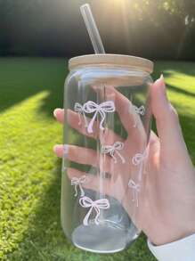 1pc 16oz Transparent Cup Comes With Bamboo Lid & Straw,With Pink/Blue Bow Design, Large Capacity Outdoor Travel Portable Drink Juice Cup For Summer & Winter, Birthday Party Holiday Gift, Christmas Present