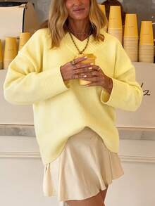 Women's Daily Casual Solid Color Drop Shoulder Loose V-Neck Long Sleeved Pullover Sweaters Tunic Fit Soft Slouchy Ribbed Jumper Elegant Sweater, Fall Winter - Yellow - View 5