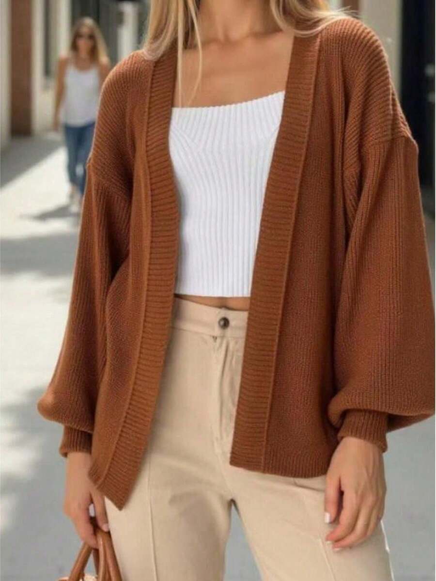 Women's Knitted Cardigan Coat Fang Stitch Long Puff Sleeve Iverno - 卡其色 - 查看 1