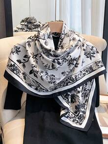 1 Khăn Bandana in hoa dành cho nữ, Khăn vuông lụa 90cm, Phụ kiện khăn Bandana dành cho nữ, Phù hợp với mọi dịp mặc váy - trắng - Xem 2
