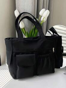 Solid Color Nylon Fabric Multi-Pocket Large Capacity Tote Bag, Simple Lightweight Laptop Friendly College Style Versatile - Black - View 4