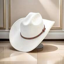 Retro Woolen Cowgirl Hat For Women Men Leather Belt Wide Brim Western Cap For Wedding, Party - 白色 - 查看 5