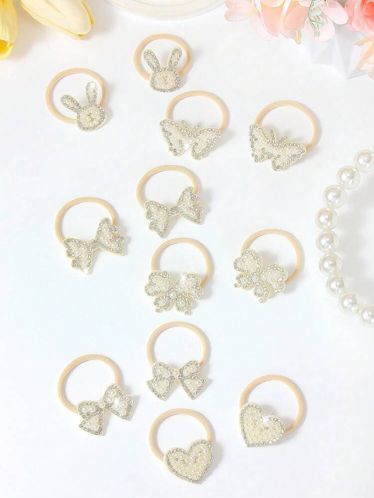 10pcs Random White Sparkling Rhinestone & Faux Pearl Hair Scrunchies, Elegant Hair Ties With Bow, Butterfly, Rabbit, Heart Designs, Suitable For Girl's Everyday, Party, Outing, Lovely Princess Hair Accessories To Make You A Fairy - White - View 5