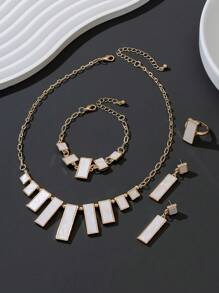 1 Set - 1 pieza Collar con colgante geométrico asimétrico blanco, 1 pieza Pulsera, 1 pieza Anillo, 1 pieza de Aretes de botón, Conjunto de Joyería para Mujer