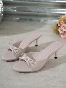 女士新款时尚优雅高跟凉鞋，甜美蝴蝶结装饰露趾设计，纯色厚底一脚蹬鞋，适合正式或休闲场合穿着