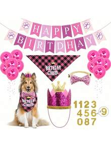 1 套狗狗生日服装，包括：1 个“生日快乐”横幅、8 个爪印气球、1 个亮片皇冠帽、1 个格子围兜、1 个亮片领结、10 个数字贴纸“0-9”、12 个双面圆形贴纸，适合宠物生日派对 - 彩色 - 查看 12