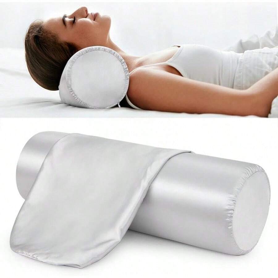 2 Pack Round Neck Pillow Case Covers, 18x6 In Neck Roll Satin Pillowcase Silky Bolster Pillow Cover Grey Cervical Pillow Cover With Hidden Zipper, Silk Cylinder Pillow Covers For Hair & Skin - Light Grey - View 1