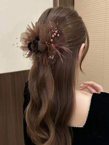 发夹 1 件优雅仿珍珠花羽毛流苏发夹，发髻发夹，高端发夹发饰女士发饰优雅爪夹，学校用品，大学 - 彩色 - 查看 3