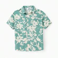 Set de camiseta de manga corta o vestido de tirantes con drapeado estampado con hojas a juego para la familia - Verde - Ver 2