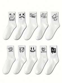 5/12/20 双随机混合男女通用涂鸦、搞笑脸、魔鬼印花休闲中筒袜、舒适透气中筒袜、运动袜、篮球袜、足球袜、短袜、黑袜、白袜