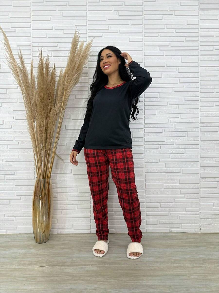 Long Pajamas Plain Shirt Red Plaid Pants - Nhiều màu - Xem 1