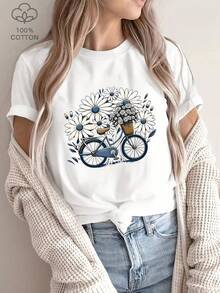 Women's Regular% Cotton Casual Short Sleeve T-Shirt-Floral & Bicycle Printed Black Top, Breathable Spring/Summer T-Shirt, Machine Washable Version, Natural Inspired Design - White - View 2