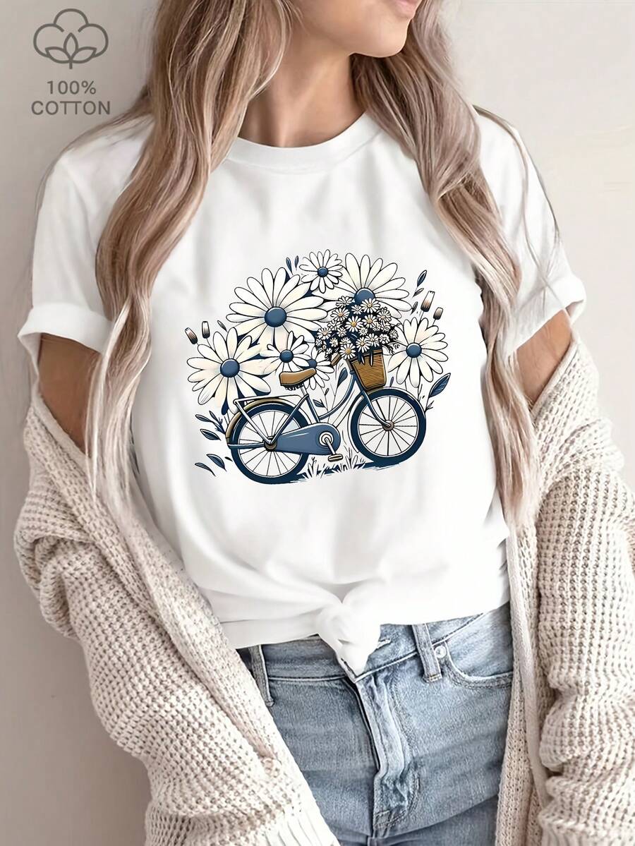 Camiseta Casual de Manga Corta para Mujeres - Estampado Floral y de Bicicleta, Top Negro, Camiseta Transpirable de Primavera Verano, Lavable a Máquina, Ajuste Regular, Diseño Inspirado en la Naturaleza - Blanco - Ver 1