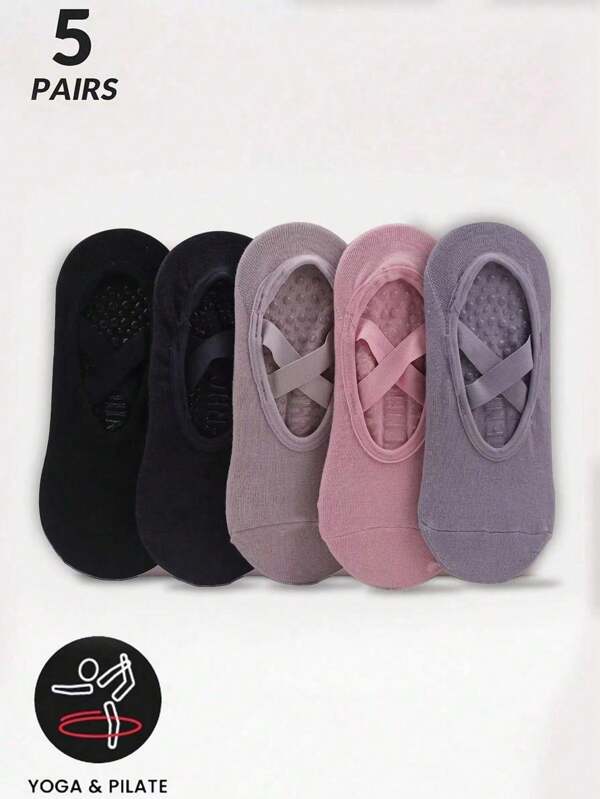 2/5 Pairs Women Yoga Socks, Non-Slip Grip Ballet Dance Socks For Pilates, Barre, Fitness - Black, Gray, Purple, Pink