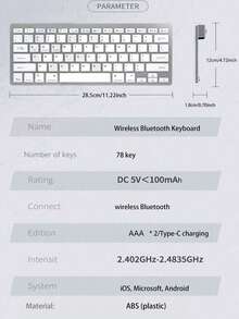 AKKHOO Wireless Keyboard, Mini Wireless Keyboard For IPad, Portable, Office Keyboard, Compatible With Laptop/Computer - Silver - View 12