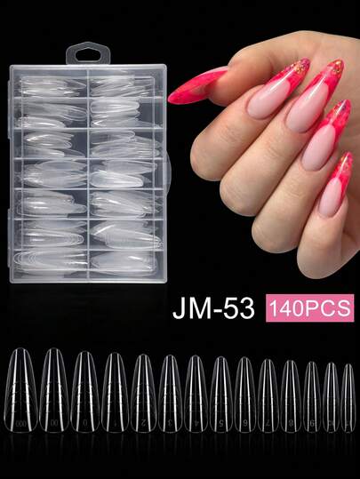 140pcs/Box Gel Nail Tips Kit, Pre-Formed False Nails For Gel Polishing, Soak-Off Easy Nail Extension Acrylic Fake Nail Tips, Crystal Nail Mold Without Paper Form For Quick Uv/Led Extension, Dual-Ended Nail Extension Tool Press On Nails Nail Supplies