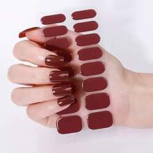 16 片半固化凝胶指甲贴，春夏纯红色自粘式全指甲贴，沙龙品质，持久 14 天，适合女性 DIY 美甲用品