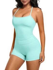 1 Pack Summer Women's Open Back Tracksuit Set Camisole Top High Waist Yoga Shorts Quick Dry Set Is Suitable For Holidays, Travel Work, Sports Wear - Màu xanh ngọc - Xem 2