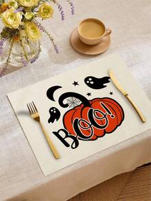 4 piezas/6 piezas/60 piezas Individuales de Halloween, individuales de lino con diseños de fantasmas de dibujos animados, castillos, arañas, murciélagos y letras, resistentes a la suciedad, aplicables para el hogar, restaurantes, decoración de mesa de comedor, artículos del hogar