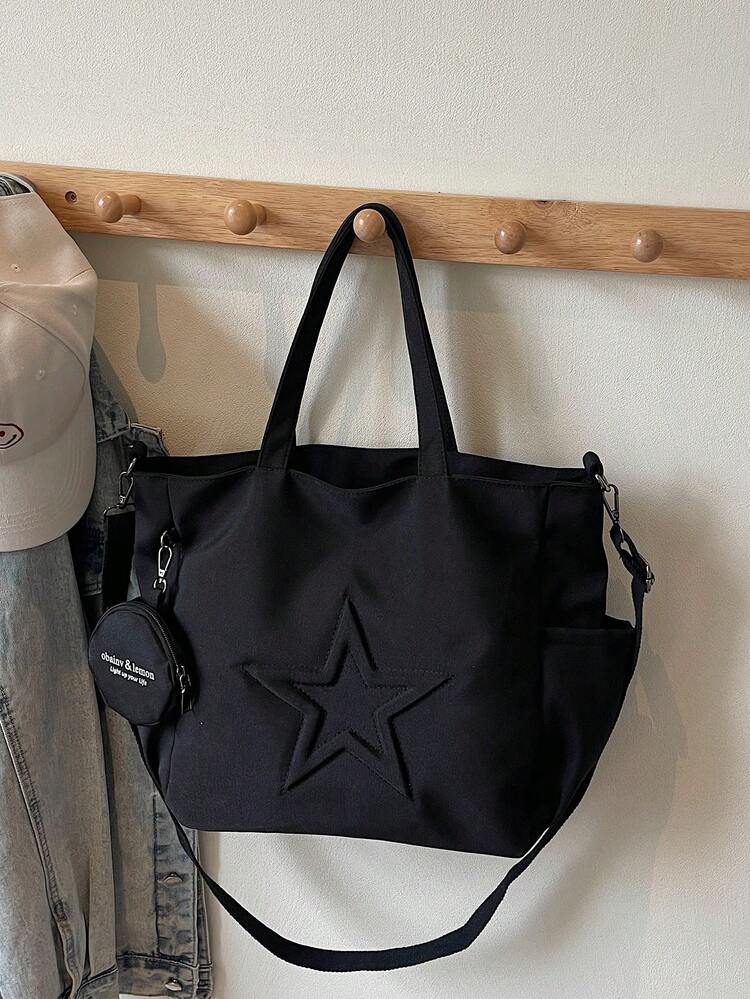 Nuova borsa a tracolla casual di tela alla moda con motivo a stelle e tasche multiple, inclusa una borsa portamonete - nero - Visualizzare 8
