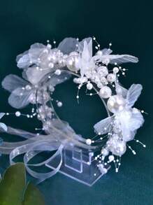 1 Pezzo Cerchietto da sposa con fiore in rete bianca, perline e nappe in stile coreano, accessorio per capelli da sposa per donna HP785