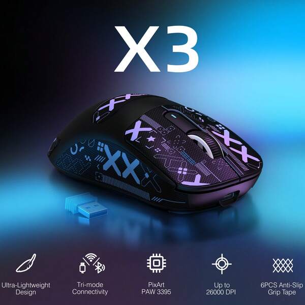 ATTACK SHARK X3 Mouse Gamer Sem Fio Leve com Conexão 3 em 1 (2.4G/USB-C com Fio/Bluetooth), 26.000 DPI, Sensor Óptico PAW3395, Switch GM8.0, 5 Botões Programáveis, Grip Tape para PC/Windows