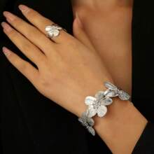 1 Set Ocean Vacation Aesthetic 3D Silver Flower Cuff Bracelet & Ring Boho Fashion Accessory For Daily, Party