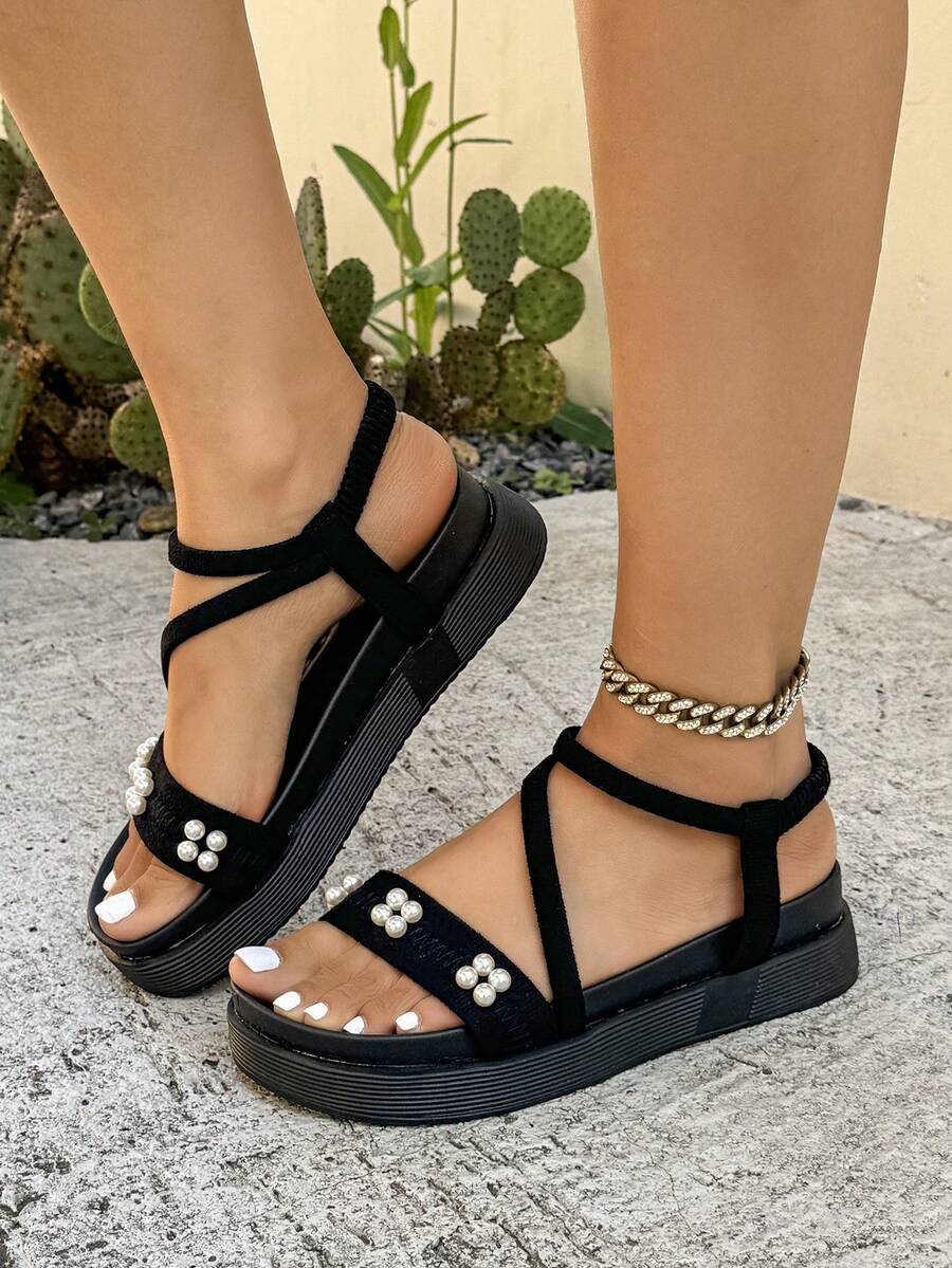 Women's Rhinestone Strap Platform Wedge Sandals, Elegant Roman Style Casual Commuting All-Match Summer Shoes - Black - View 1