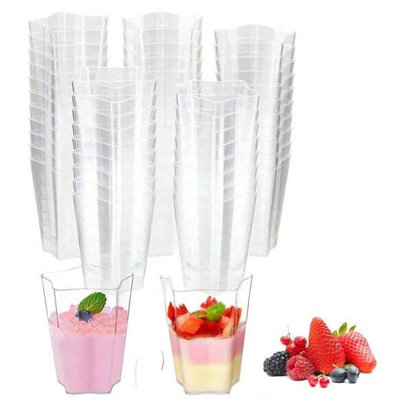 25/50/100 piezas Tazas de postre de plástico de 2,5 oz, 70ml forma de pentágono, tazas transparentes de postre para parfait, aperitivo, reutilizables, cuencos para servir postre, pudín, mousse para fiestas (5 X 6,1cm)