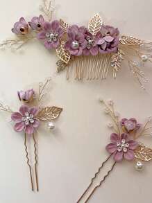 3 Stücke Braut Hochzeitskopfschmuck, blauer Blumen Haarkamm, perlenbestickter Strass Samt Blumen Haarschmuck für Braut