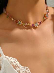1 件节日海洋风彩色宝石串珠手工项链，配金属合金花卉吊坠，时尚珠宝，适合女性日常佩戴、海滩派对和旅行 - 彩色 - 查看 2