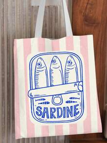 1pc Durable Canvas Tote Bag With Sardine Fish Pattern, Double Sided Graphic Shopping Bag, Great Gift For Friends, Back To School - Multicolor - View 2