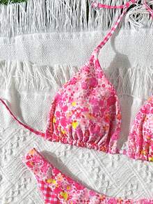 Bộ bikini nữ gợi cảm họa tiết hoa sọc, kiểu tam giác cổ chữ V sâu, thích hợp cho kỳ nghỉ hè ở bãi biển. - Hồng đậm - Xem 8