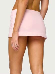 Women Y2k Mini Skirts Solid Color Low Rise Drawstring Skirts Elastic Waist Bow Front Short Skirt Stretchy Side Slit Pencil Skirts Summer Casual Streetwear - Hồng - Xem 2