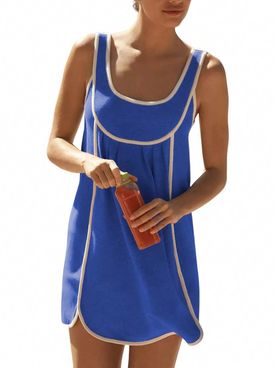 Women's Summer Tennis Dress Sleeveless Casual Round Neck Pleated Sports Pullover Mini Dresses - 寶藍色 - 查看 1