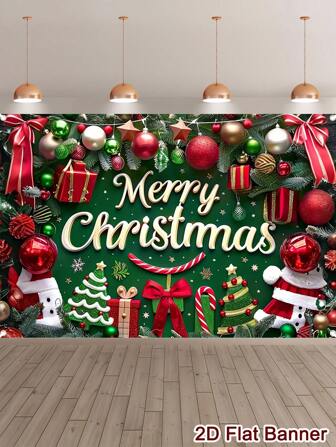 1 pièce Bannière de Noël joyeux Fond en polyester Motif boîte-cadeau de Noël Boules Décor de fond de Noël Décorations de Noël joyeuses pour la maison 2025 Décorations du Nouvel An heureux 2026 Toile de fond de festival Décoration murale décorative de Noël Tapisserie Décor de pièce Décor de fête 2D Scène de festival Décoration de vacances