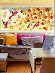 1 pièce Autocollants de fenêtre pour la décoration d'automne à la maison, avec série de petits oiseaux dessinés à la main et de branches, y compris un cardinal, des feuilles d'érable doré, un bulbul, un perroquet, des branches de moineaux. Autocollants statiques pour la chambre, le salon, la cuisine, la salle de bain, l'armoire