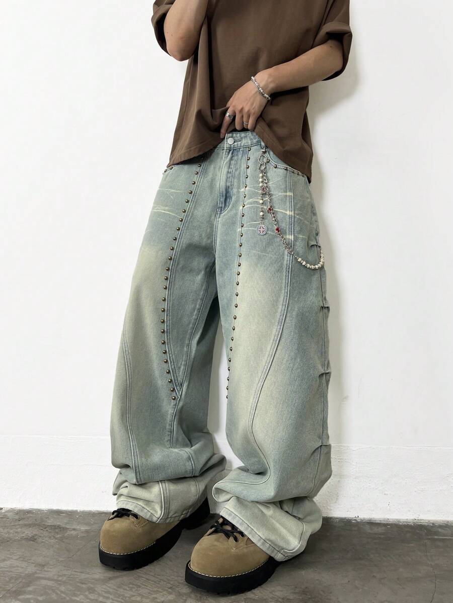 1 pieza Jeans de pierna ancha casual con estilo vintage patchwork, pantalón largo suelto y versátil con decoración de remaches (sin cinturón ni accesorios) - Azul - Ver 1