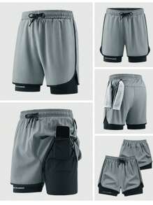 1 件男士休闲运动户外跑步短裤，内衬短裤，二合一训练健身短裤，薄丝面料运动服，适合球类运动，夏季 - 淺灰色 - 查看 2