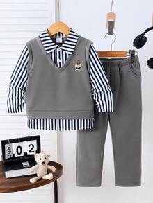 2pcs Boys' Spring/Autumn Long Sleeve Striped Shirt Patchwork Sweatshirt Vest Combo Top And Casual Long Pants 2 Pieces Set